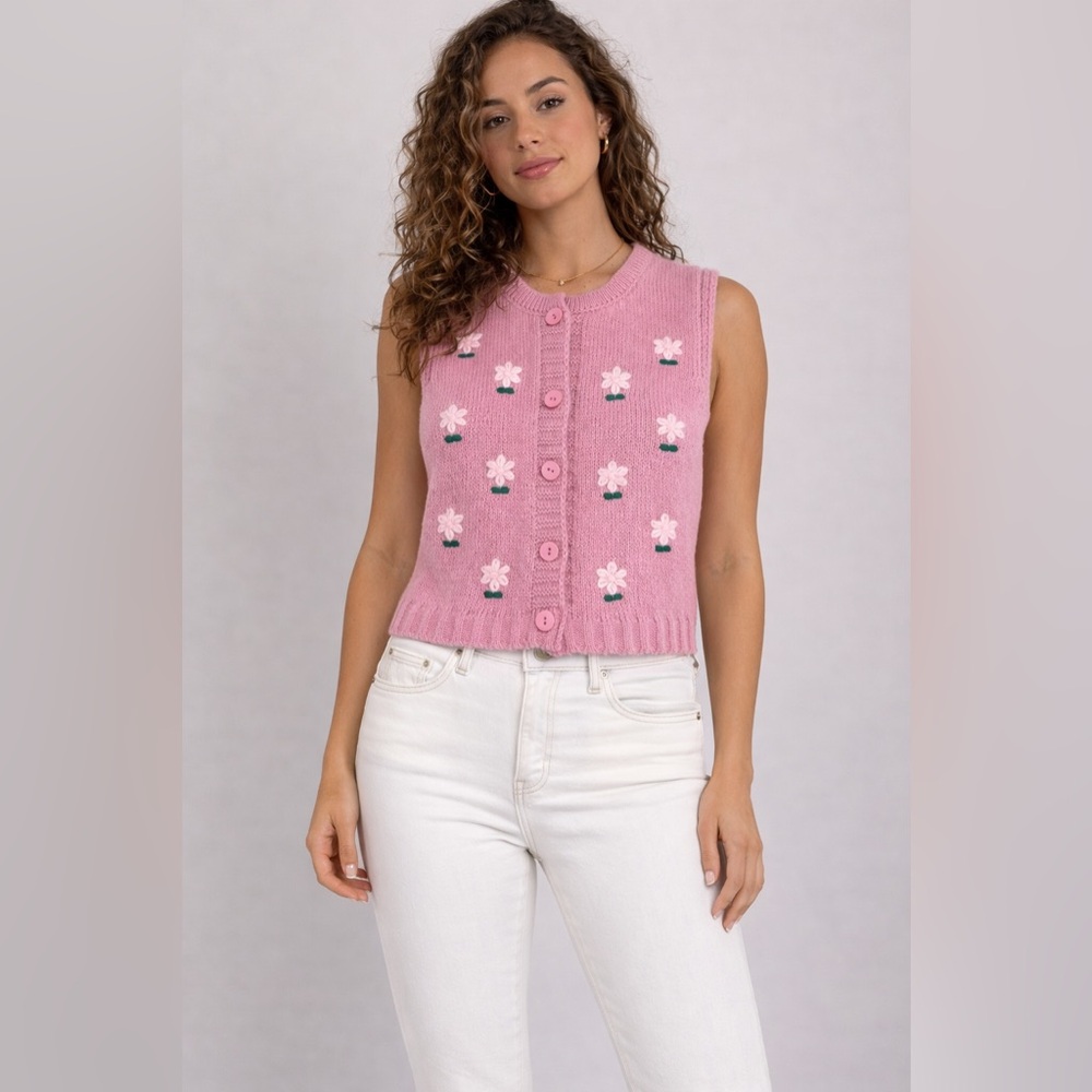 Sleeveless Pink Floral Knit Button-Up Sweater Vest cottage core grandma core